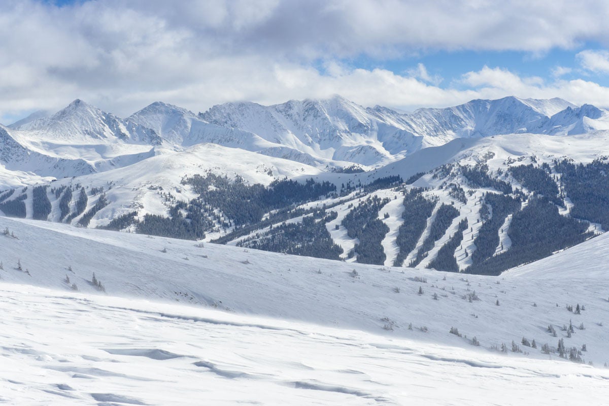 Copper Mountain Ski Runs.  Rugged ski slopes on Copper Mountain.  Textured winter landscape with skiing at resort and backcountry access.  Captured as a 14-bit Raw file. Edited in ProPhoto RGB color space.