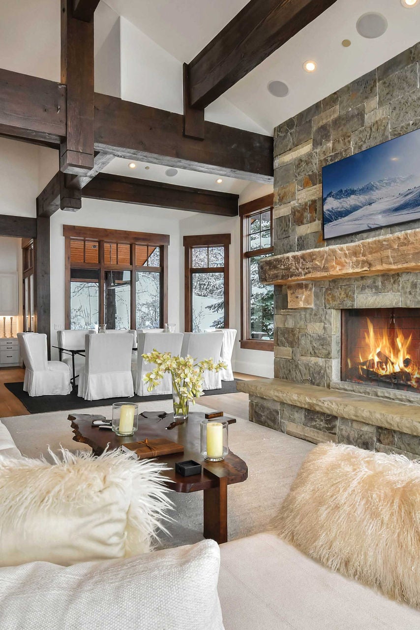 cozy mountain rental living room with fireplace 
