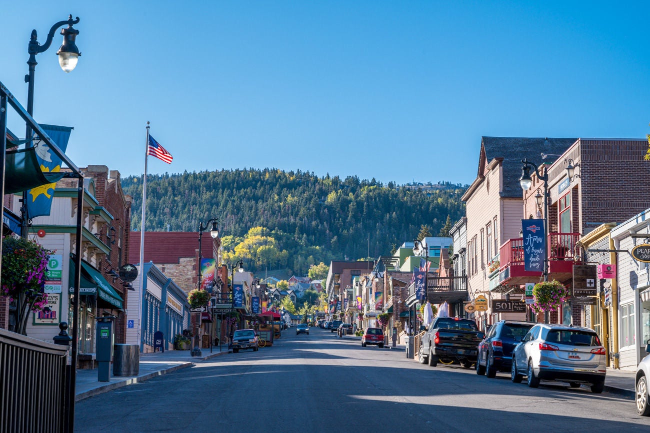 Looking up Park City's historic main street in Utah in autumn