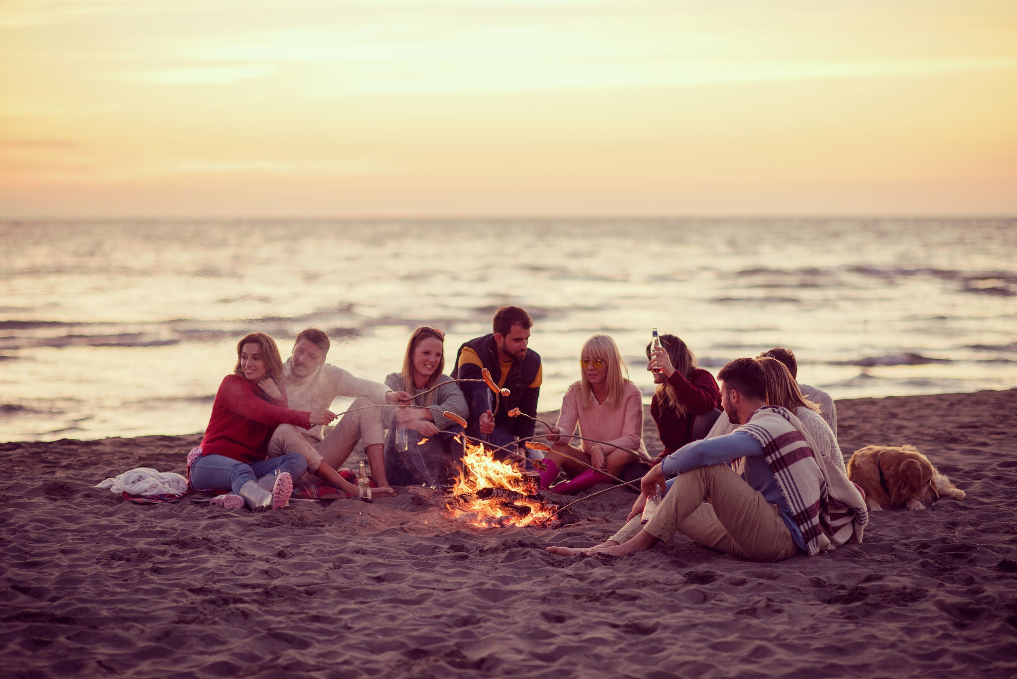 Group of young friends sitting by the fire at autumn beach, grilling sausages and drinking beer, talking and having fun filter