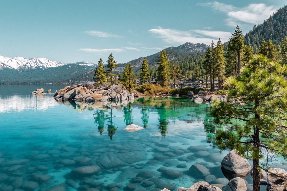 Clear blue Lake Tahoe water with pine trees and snowy mountains
