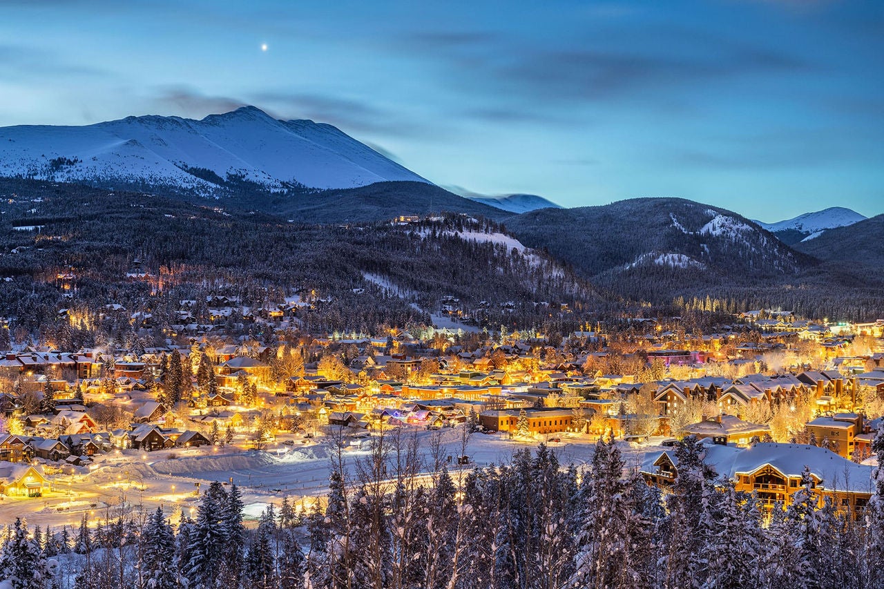 A snowy night view of Breckenridge's cityscape
