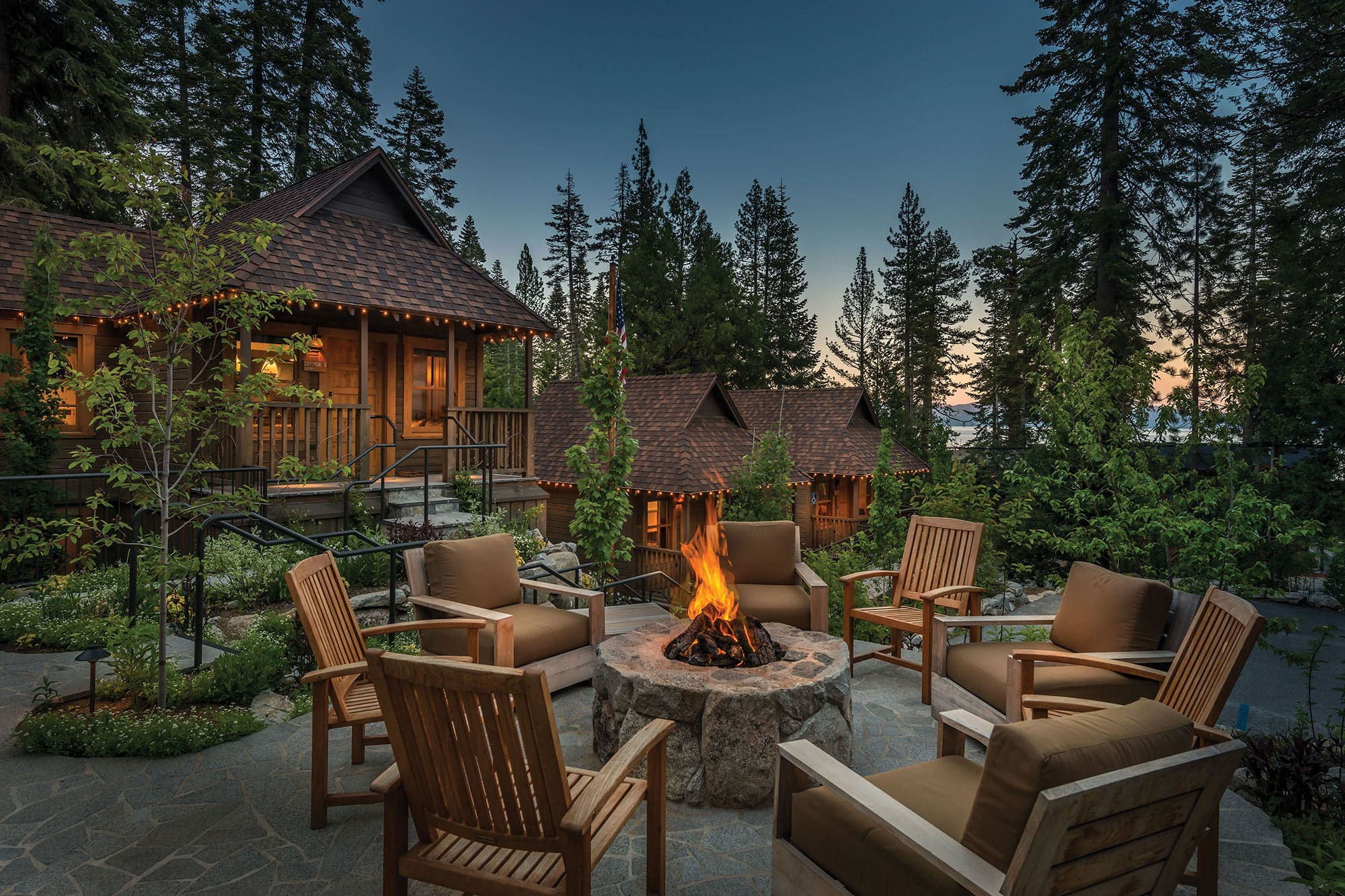 Chairs around a fire pit at Cedar Crest Cottages in Lake Tahoe, California