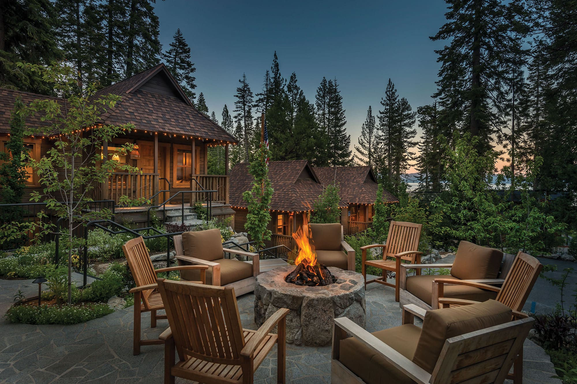 Chairs around a fire pit at Cedar Crest Cottages in Lake Tahoe, California Chairs around a fire pit at Cedar Crest Cottages in Lake Tahoe, California