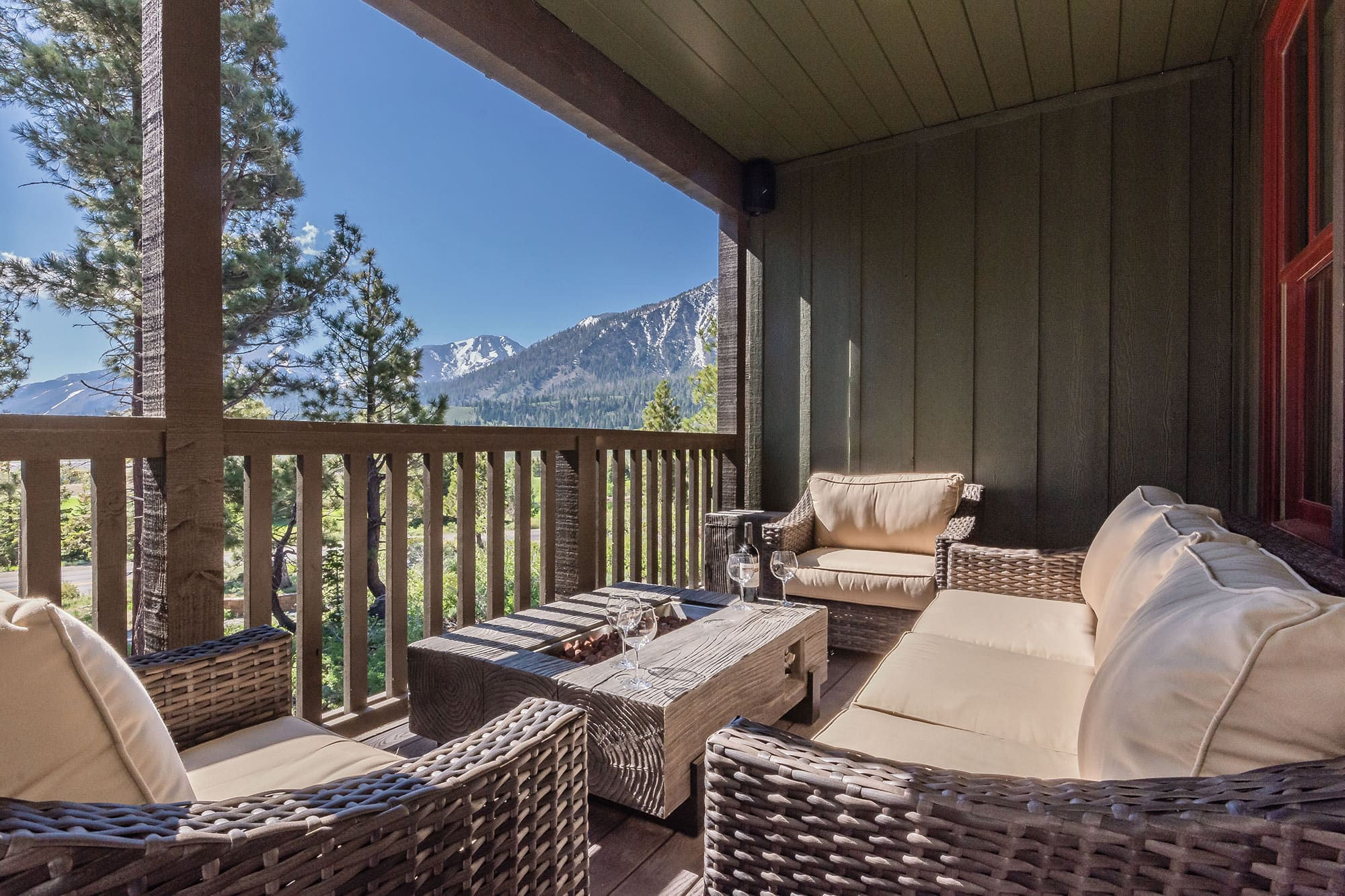 a view of Mammoth Mountain from the outside sitting area of a home in California